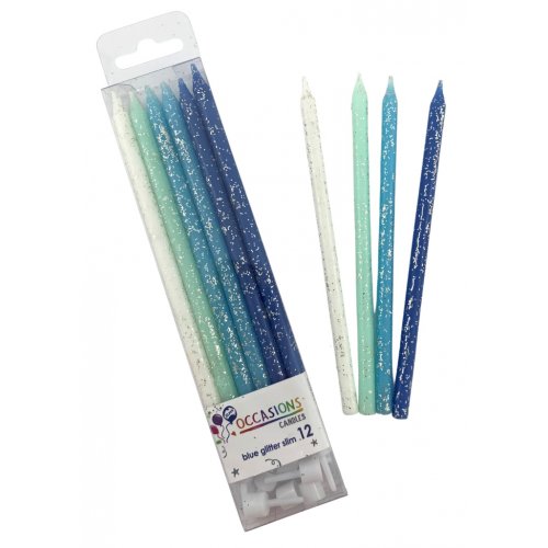Blue Glitter Slim Candles 12pk