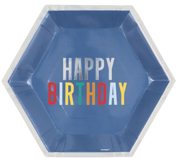 Blue Happy Birthday Hexagonal Paper Plates 8pk
